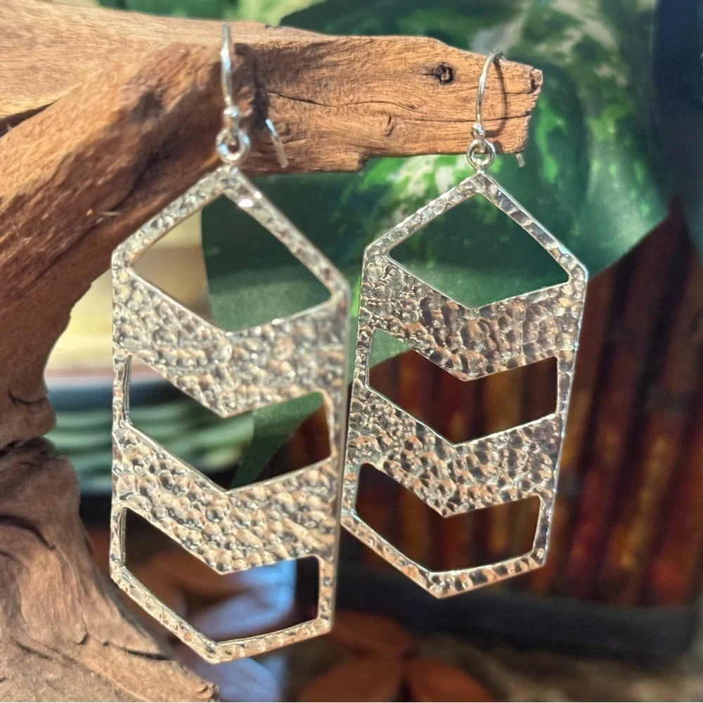 Silver Geometric Chevron Drop Earrings